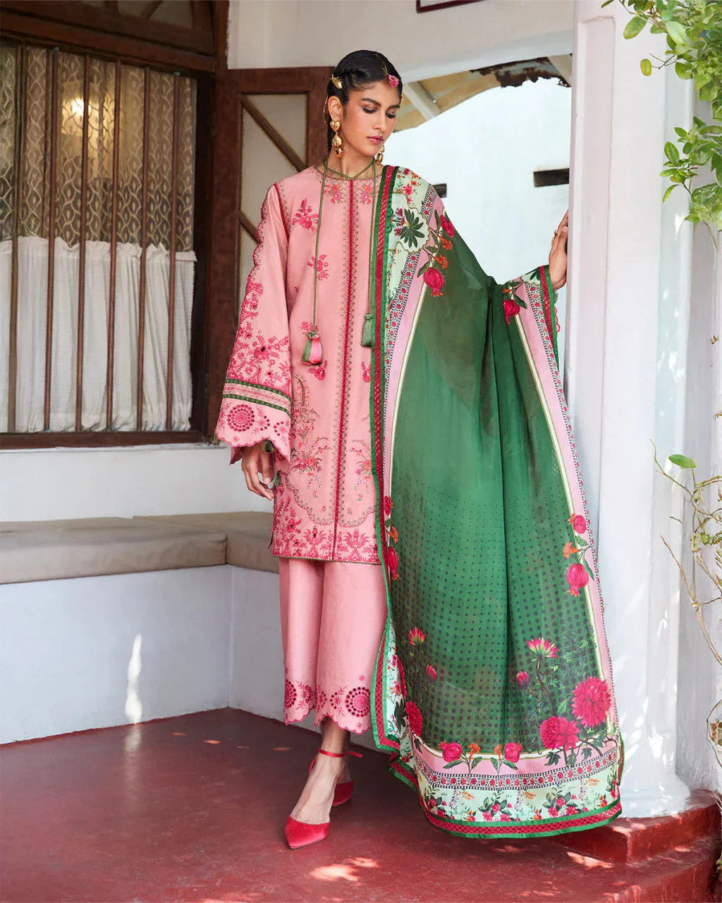 Hussain Rehar – Pink & Sea Green formal, full front view